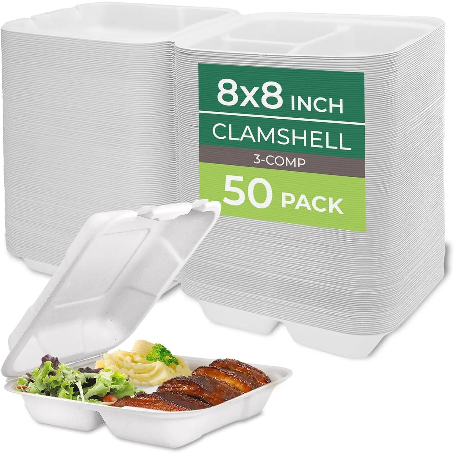 Compostable Clamshell Food Containers Plates [8x8in] 3-Compartment 50-Pack, Disposable Biodegradable Sugarcane To-Go Boxes, Microwave & Freezer Safe, Stackable Kitchen Preserving Containers