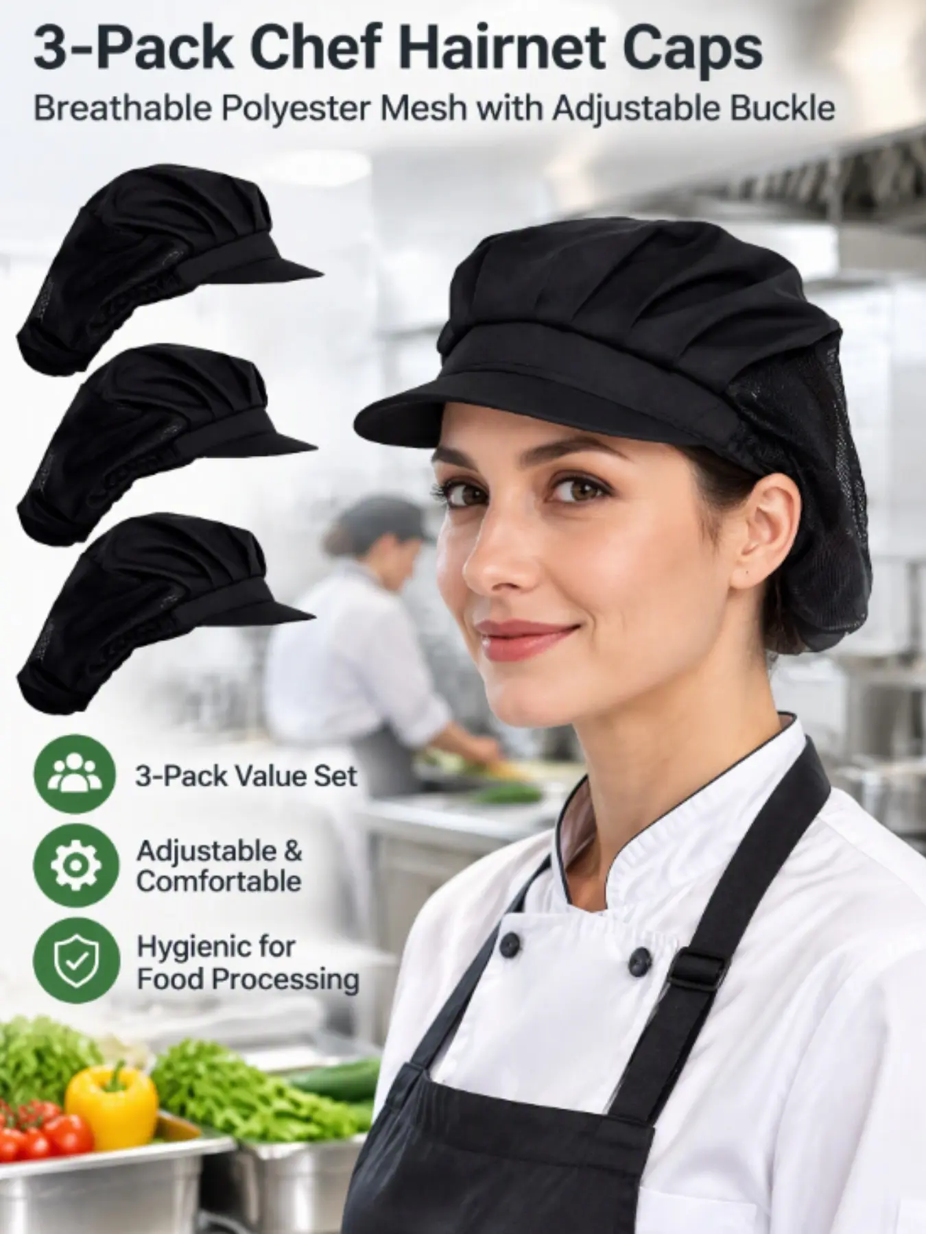 3-Pack Chef Hair Net Hats, Head Covering, Adult Polyester Braided Nets, Adjustable Buckle, Food Processing Workshop Hygiene Caps, Essential Kitchen Gear