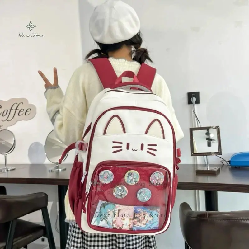 Y2K Cute Cat Ita Backpack Large Capacity Knapsacks Casual Girl Transparent DIY Display Rucksack Cartoon Trendy Travel Schoolbags