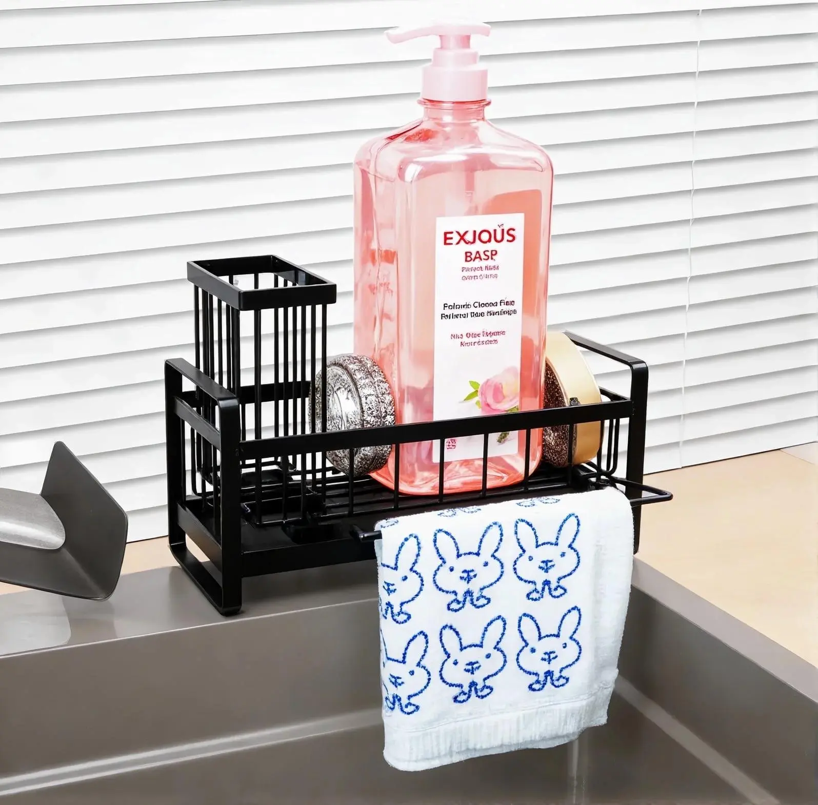 RETON Sponge Holder for Kitchen Sink, Self Drain Kitchen Sink Caddy Organizer, Sponge Holder with Removable Dishcloth Rack, Soap Dispenser Brush Holder Storage for Bathroom and Counter, Black