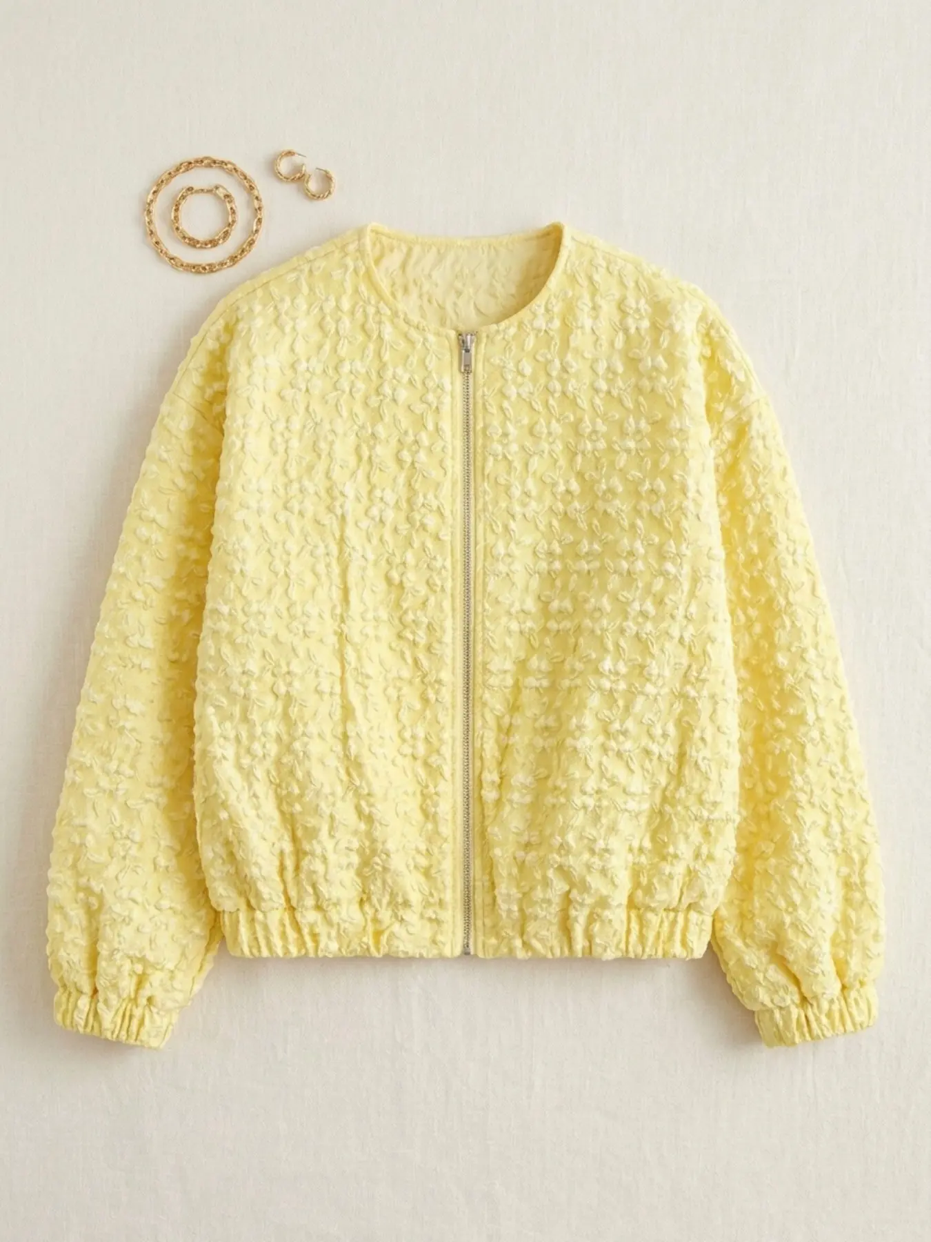Light Floral Embroidered Short Jacket for Women, Round Neck Zipper Elastic Hem Casual Coat, All-Season Loose-Fit Sleepwear