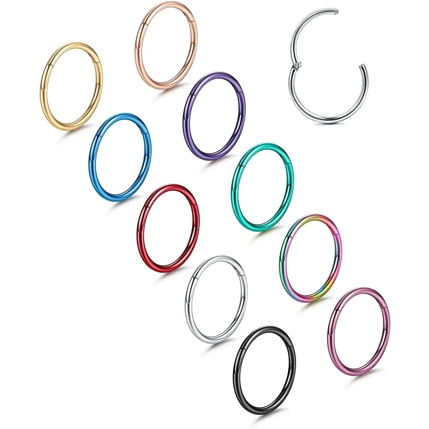 10 Pcs 316L Surgical Steel Hinged Segment Clicker Circular Hoops - 16G,18G,Easy Opening Hinged Closure,Casual Everyday Wear Unisex Body Jewelry Set for Septum Daith Tragus Rook Lip Helix Cartilage Nose Ear, Multi-Size, Segmented