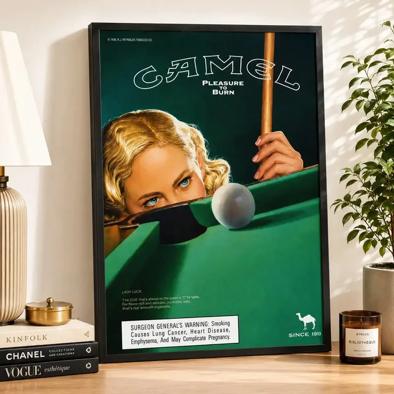 Vintage Camel Pinup Poster - Retro Billiards Old-Print Look Mid-Century Vibe Multi-Size Canvas Wall Art, Home Decor Gift Ideas for Game Room, Bar