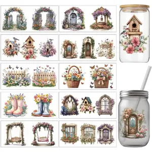 10 Pcs Vintage Courtyard Flowers-Cup Printing UV Transfer Papers, Waterproof Colorful Wooden Stump Swing with Flowers UV DTF Cup Wrap Stickers for 16 OZ Glass Cups Crafts