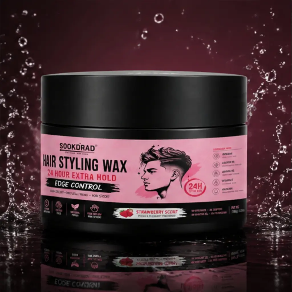 Hair styling wax, enriched with beeswax, castor oil, jojoba oil, vitamin E, glycerin, 24 hour extra hold, edge control, non-greasy, natural finish, non-sticky, strawberry scent, no parabens, no