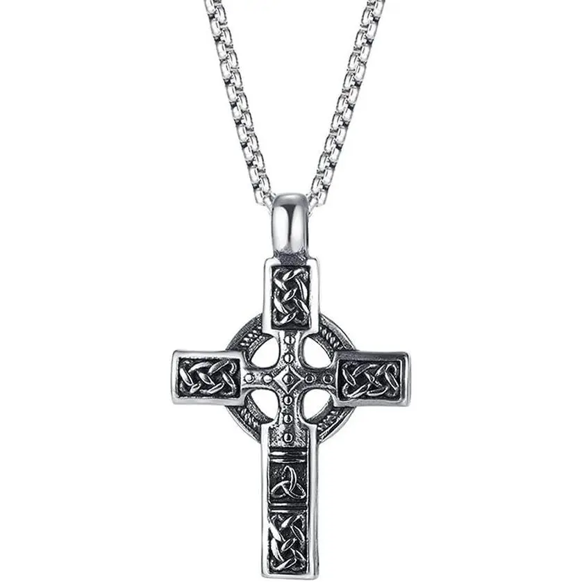Stainless Steel Trinity Celtic Cross Necklace - Triquetra Knot Irish Pendant - Jesus Crucifix CrossGift