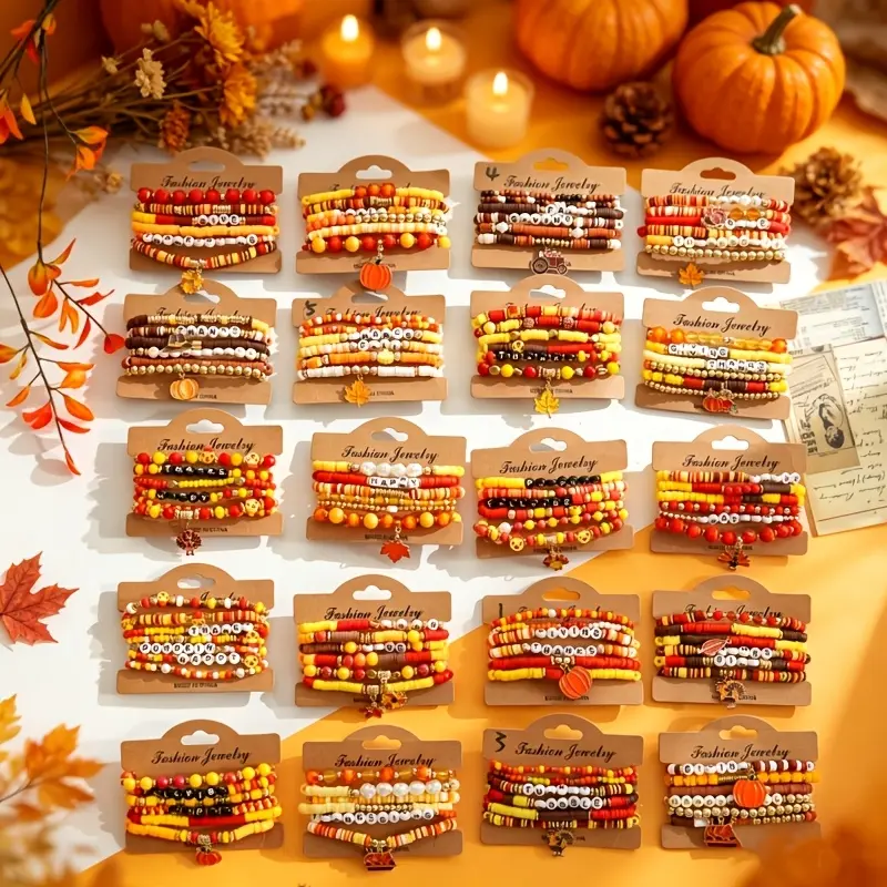 23/35Pcs Fall Thanksgiving Bracelets Set, Polymer Clay Beaded Stretch Bracelets with Turkey & Pumpkin Charms, Fall Harvest Stackable Multilayer Jewelry, Party Bracelet Packs & Festival Accessories