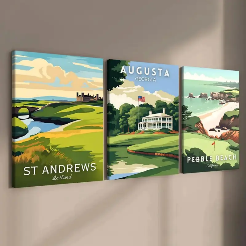 3-Count Golf Course Pattern Wooden Framed Canvas Prints, Modern Home Wall Artwork Decoration for Living Room, Office, Golf Wall Art, Golf Decor, Sports Wall Art, Man Cave Decor, Room Decor Wall Art Poster, Canvas Prints
