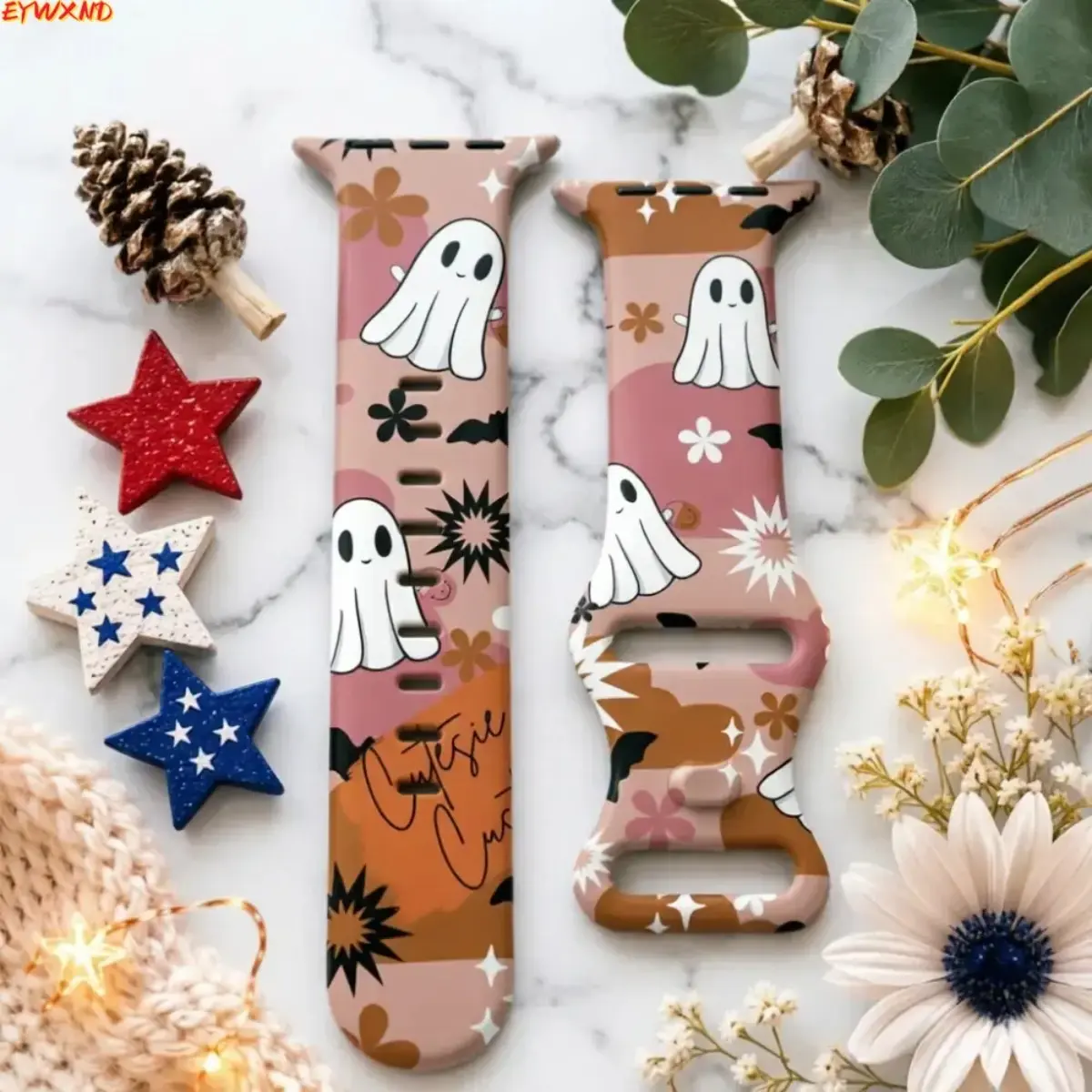 EYWXND Boho Fall Ghost Floral Bat Print Silicone Watch Band, Retro Color Block Halloween Replacement Wrist Strap Compatible with Apple Watch, Cute Seasonal Decor Watch Accessory
