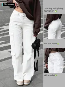 Women's Casual High Waist Denim Work Pants with Pockets, Loose-Fitting Solid Color Straight Leg Design for Everyday Wear