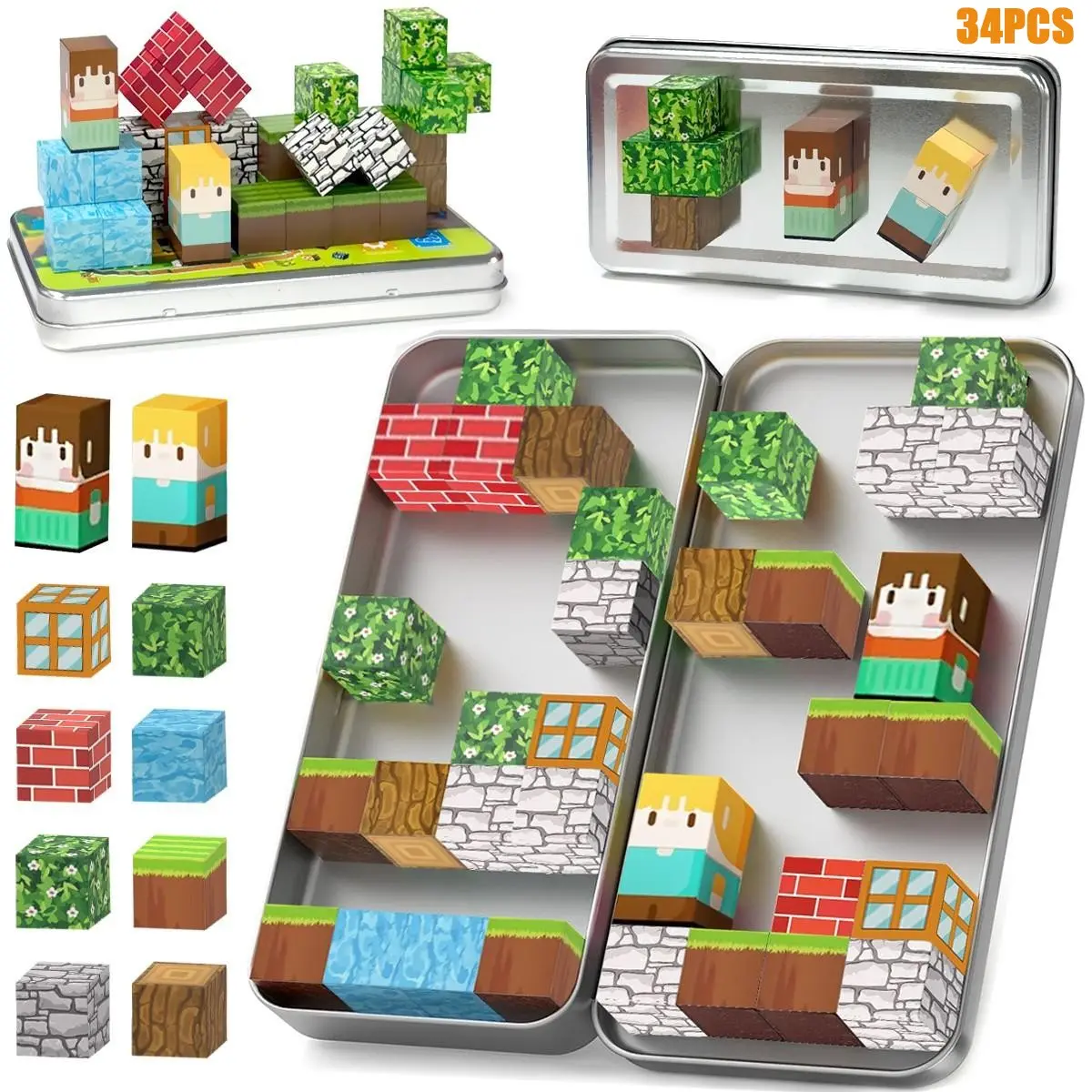 Magnetic Building Block Set in Iron Box, Easy to Organize Stem Sensory Cube, Kids' Forest Magnet, Halloween & Christmas Gift