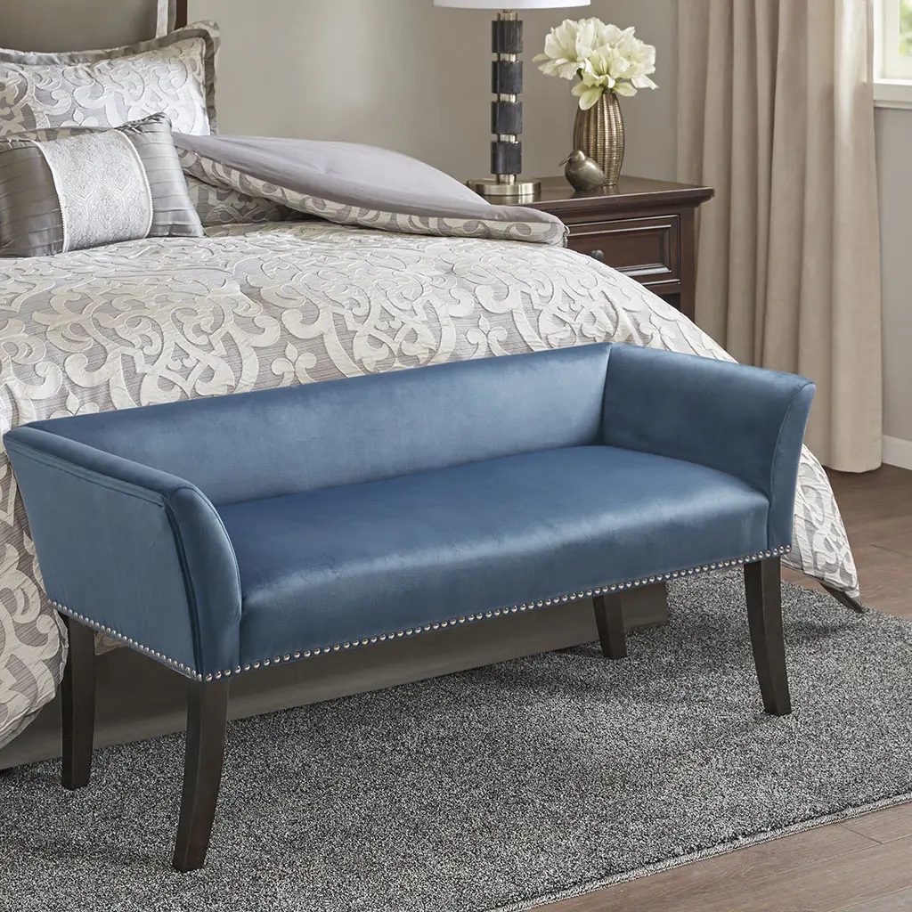 Nokaa Upholstered Accent Bench with Storage Shelf, Blue Fabric Entryway Ottoman with Solid Wood Legs, Compact Seating for Living Room Bedroom Hallway, Silver Nailhead Trim, Easy Assembly