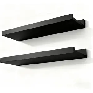 Black Floating Shelves for Wall Decor, Wall Mounted Wood Storage Shelf for Bedroom Living Room Bathroom Kitchen Nursery, Display Picture Ledge Shelf with Lip Set of 2 14 Inches Black