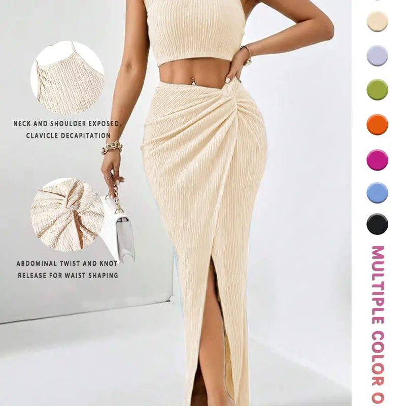 Elegant High-Slit Knit Set Dress, Slimming and Leg-Lengthening, British Style, Fitted Knit Split Dress, Vintage High Neck Waistless Women's Set Dress, Fashion Style Sets, Fashion Clothing Set