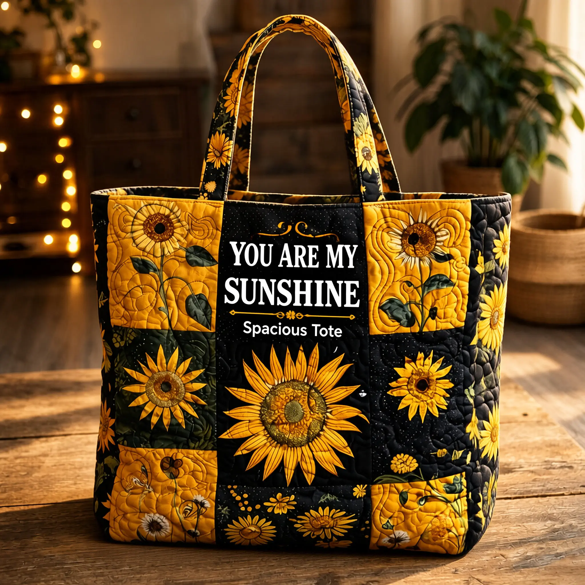 SohoChic Unisex Patchwork Quilted Sunflower Tote Bag - Soft Fabric, Spacious Interior, Reinforced Handles, Vintage Floral Casual Bag for Daily Errands, Work
