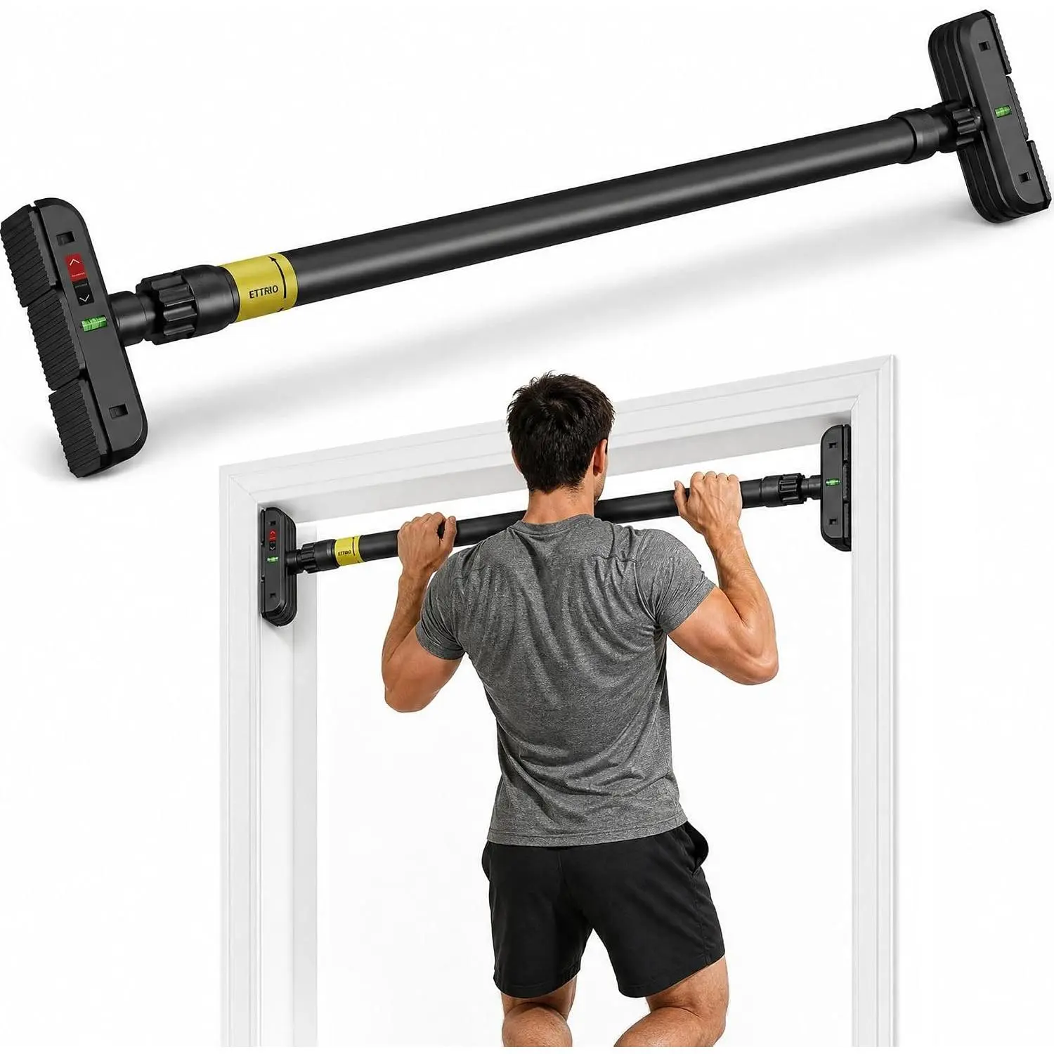 Pull Up Bar for Doorway, Door Frame Chin Up Bar No Screws, 440lbs Capacity | Adjustable 72-95 cm (28.3"-37.4") Chin Up Bar, Dual Gear Lock, Level Meter, Anti-Slip PVC Pads for Home Gym Strength Training