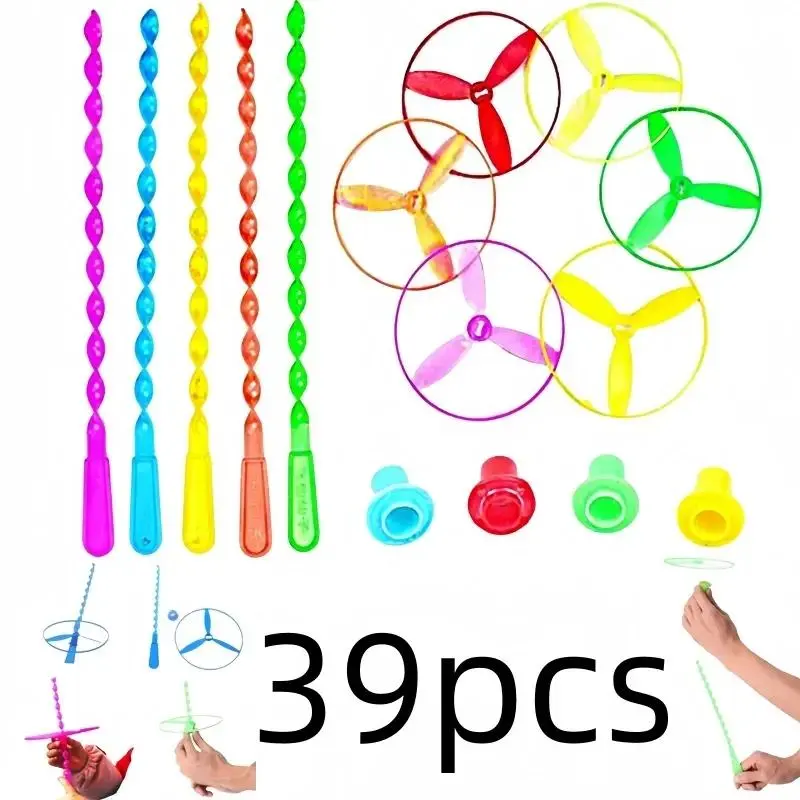 39pcs Flying Helicopter Rotating Circle Bamboo Dragonfly Manual Friction Plastic Propeller Outdoor Flying Toy Children's Gift