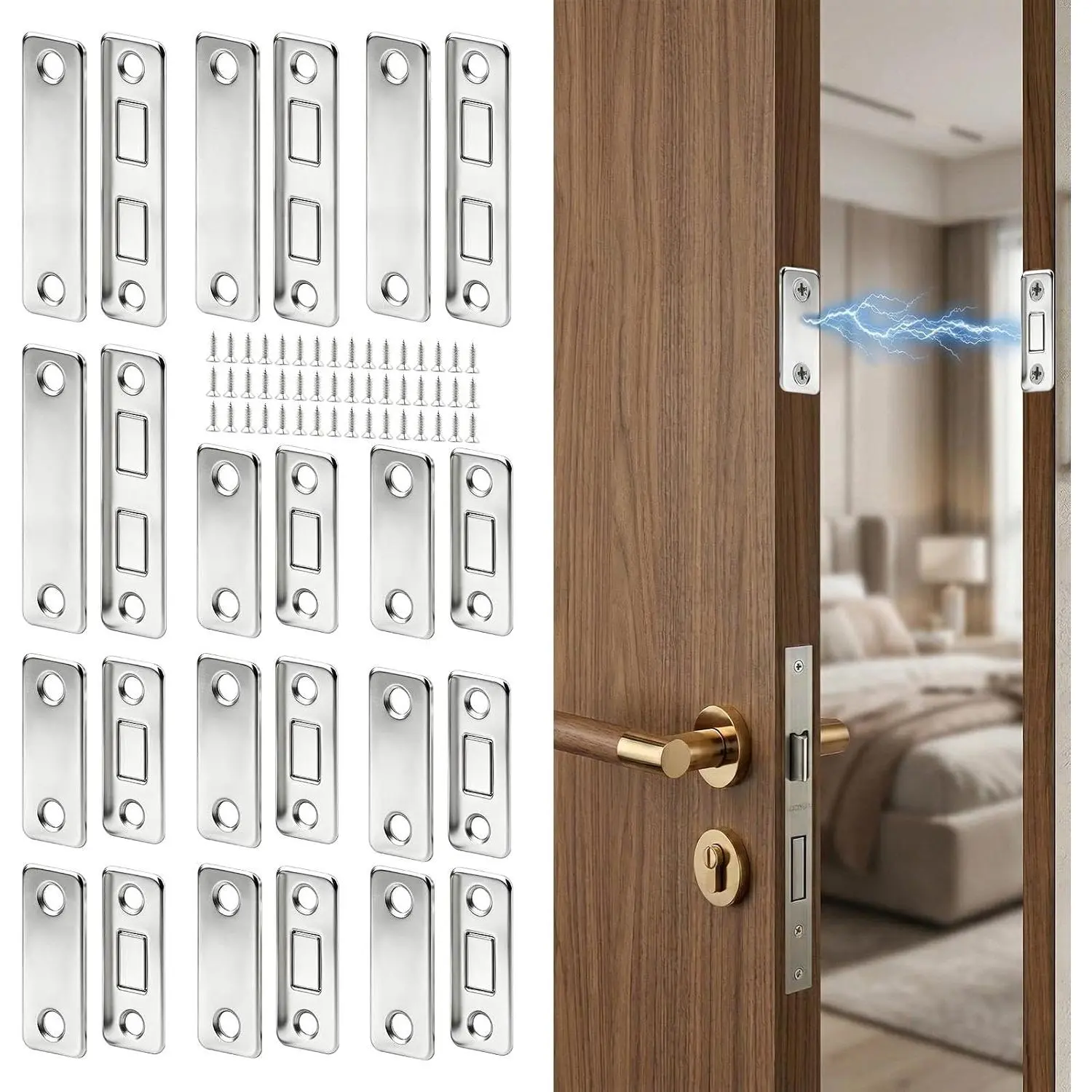 12 Pack Stainless Steel Cabinet Door Lock Latches & Bolts - Flexible Installation (Adhesive or Screw Option), Secure Closure Metal Catches for Kitchen, Bathroom, Wardrobe - Humid-Resistant, Wear-Resistant, Manufacturer Warranty (8 Short, 4 Long)