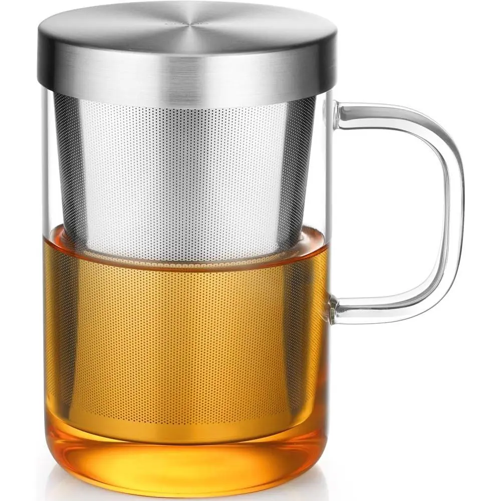 16.9 OZ Borosilicate Glass  Mug Cup Glasses with Stainless Steel Infuser & Lid, Loose Leaf  Cup Clear Teacup 430mL(Use Capacity) | 500ml, Clear Glass  Cup, with Stainless Steel Infuser/Lid, Teacup for Loose Leaf , Birthday for Parents Dad Mum