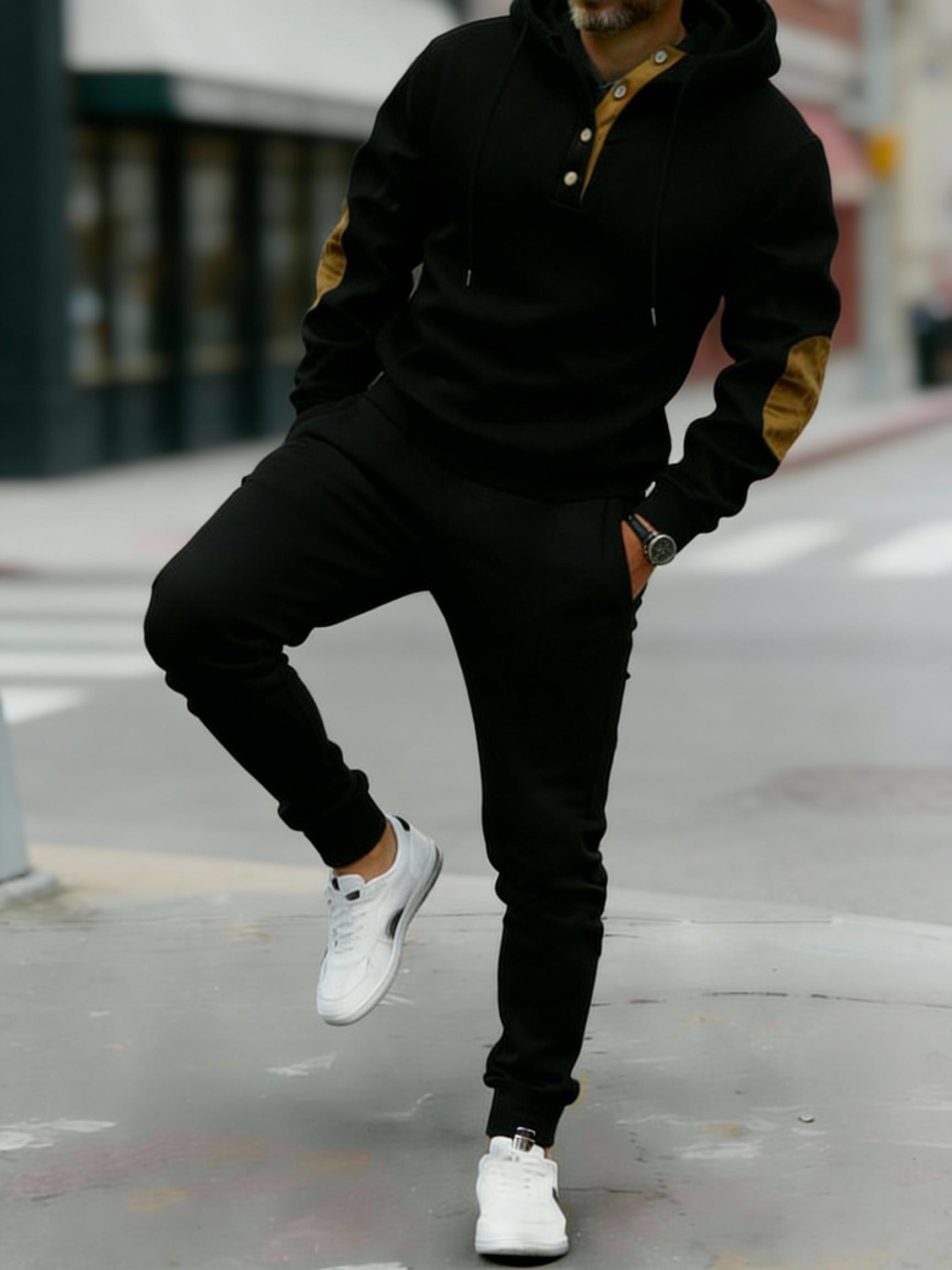 Vintage Style Men's 2-Piece Loungewear Set - Textured Fabric Hoodie with Button Placket & Contrast Details Casual Beige