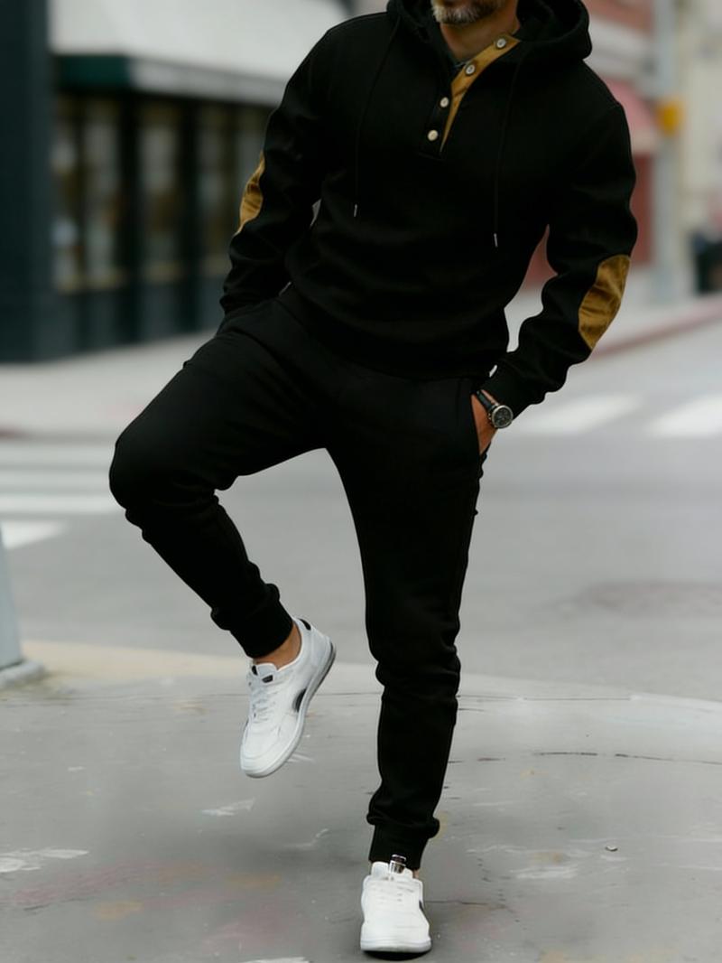 Vintage Style Men's 2-Piece Loungewear Set - Textured Fabric Hoodie with Button Placket & Contrast Details Casual Beige