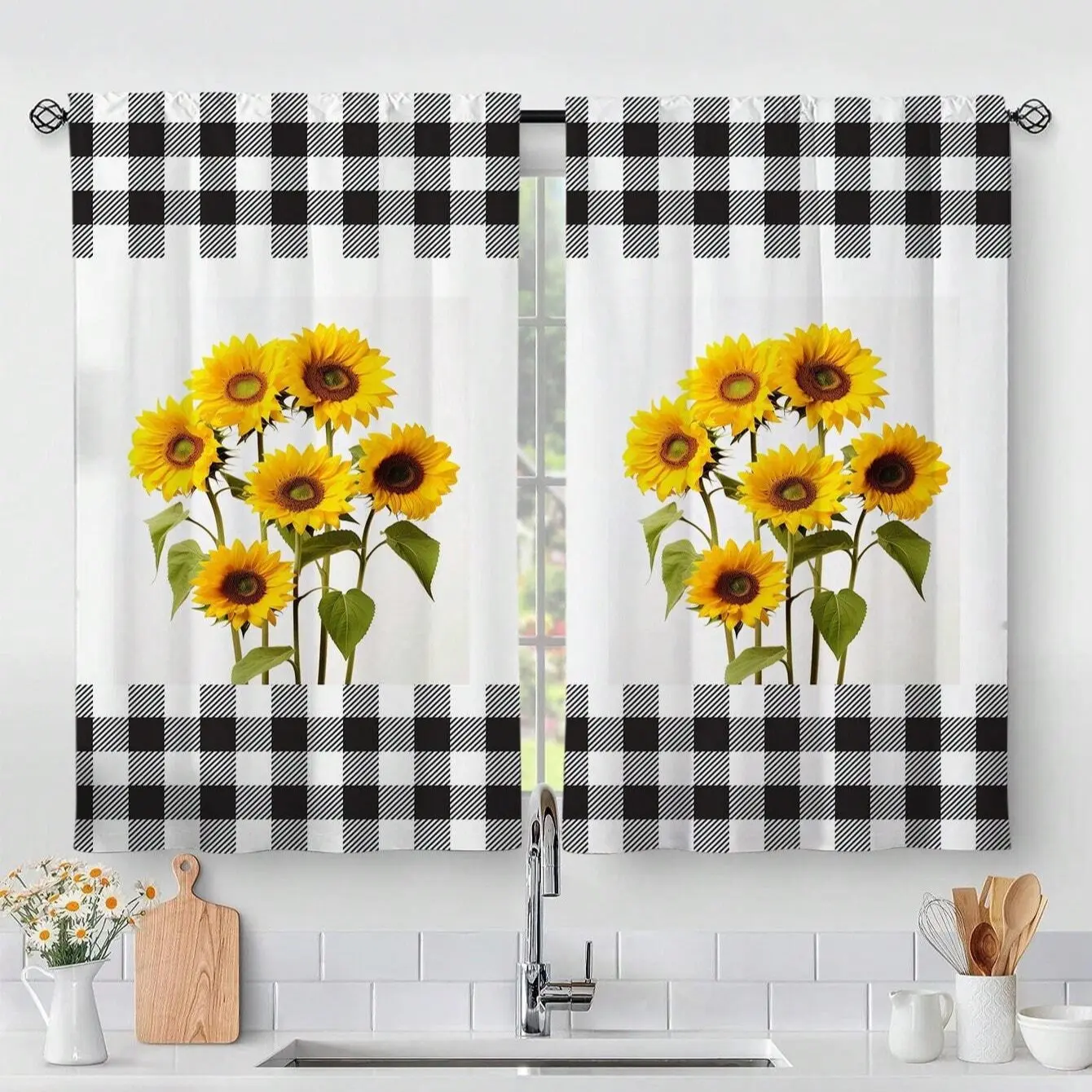2 Piece Plant Print Curtain Set, Sunflower Design, Elegant Room Window Curtains for Living Room and Bedroom Decor
