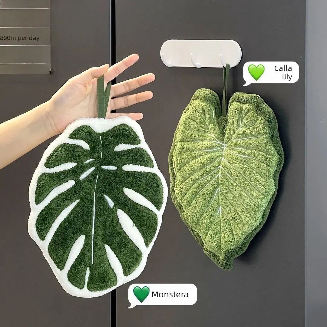 Plant Leaf Print Hanging Hand Towels, Thick Large Super Absorbent Cloth for Kitchen Bathroom Daily Use