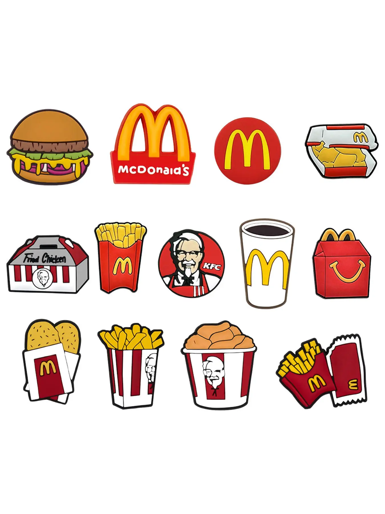 12pcs Cartoon American fast food Inspired burger, fried chicken, french fries PVC Shoe Decorations, Cute Cross Shoe Accessories for Holey Shoes and Bags, DIY Detachable Non-Toxic Material, Perfect Gift for Food Lovers