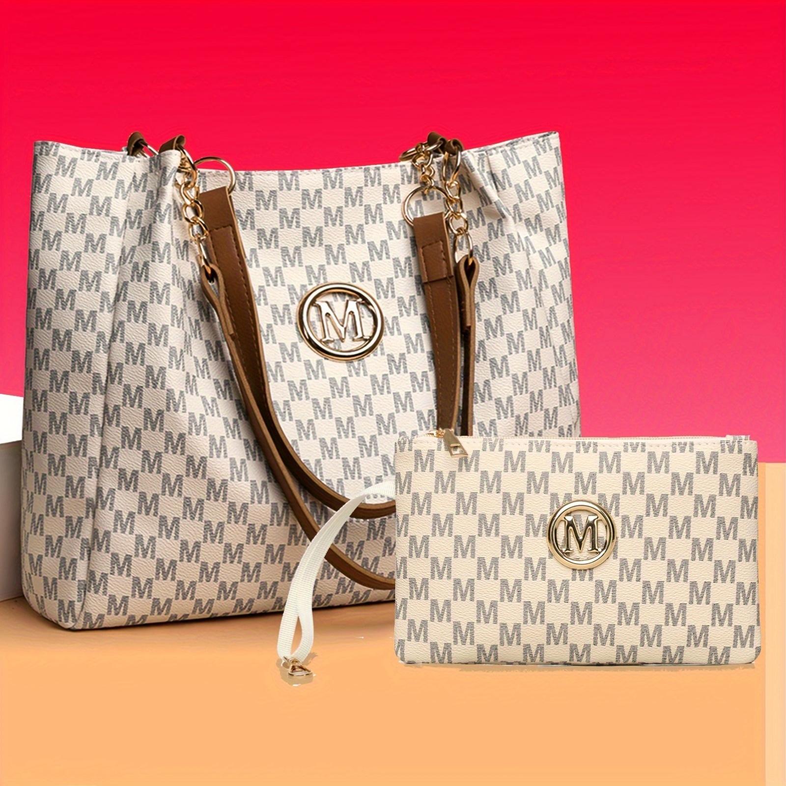 Two-piece set with large-capacity single shoulder bag, perfect for elegant urban women. Features a Lotus M print, stylish M-shaped metal buckle design, lightweight fixed shoulder strap, Lightweight style, suitable for various occasions-ideal gift