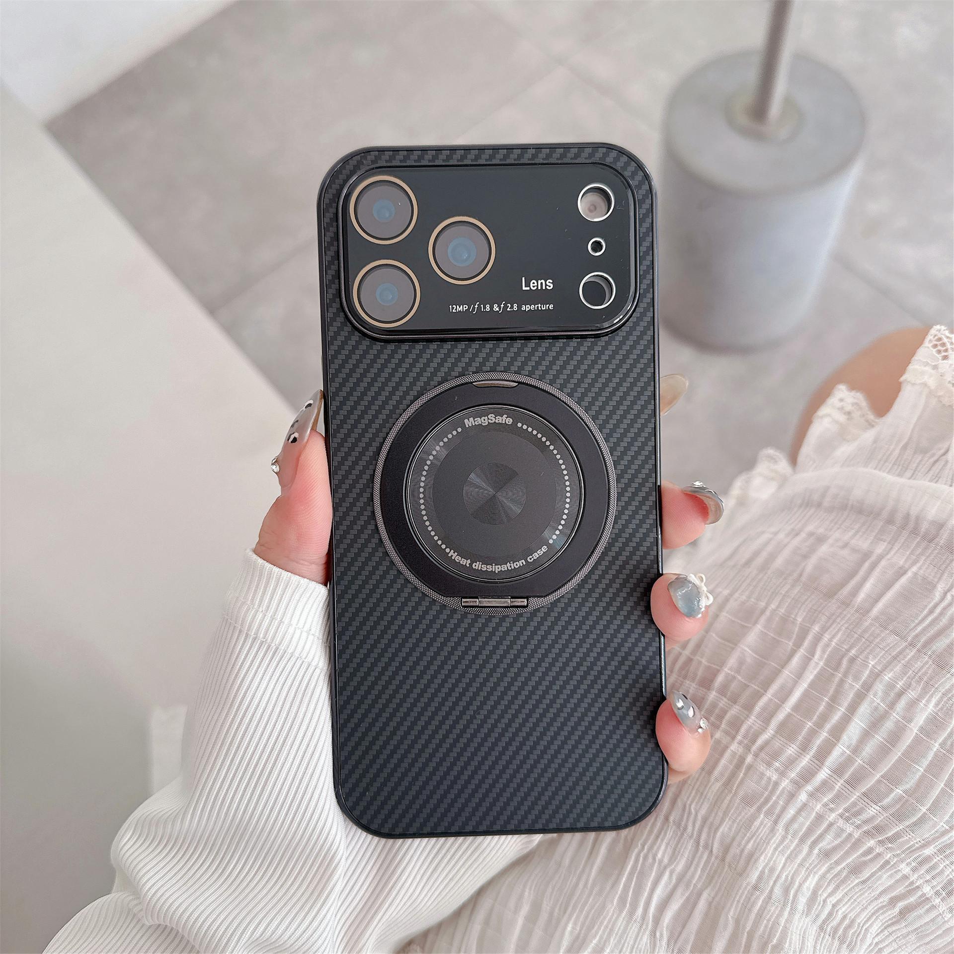 Suitable for iPhone 17 Magnetic Phone Case Rotating Stand iPhone 16 Pro Max Large Window Electroplated Fiber Texture