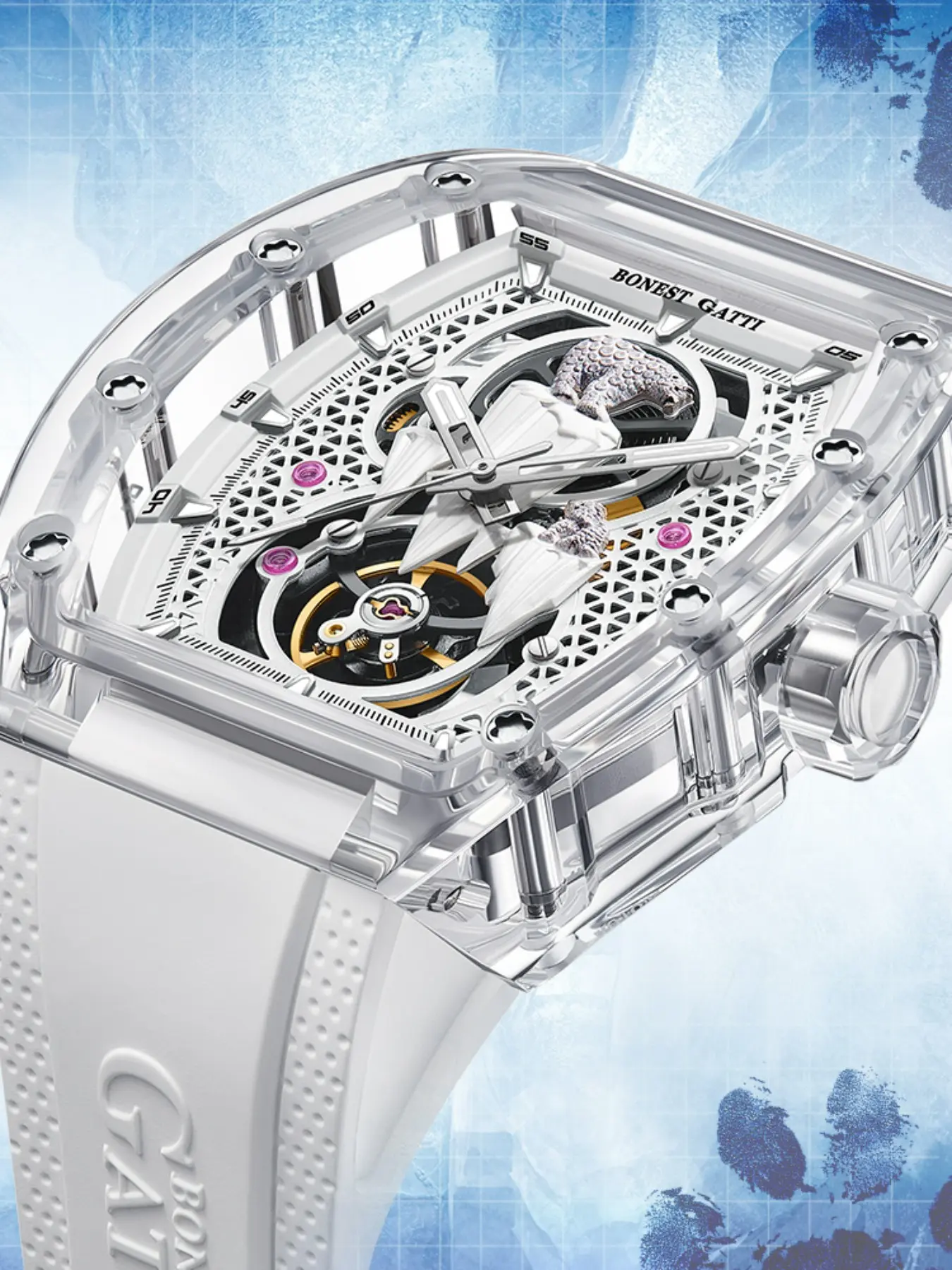 BONEST GATTI Automatic Mechanical Watch Polar Bear Hollow Skeleton Dial Rubber Strap Luxury Tonneau Shape Men Wristwatch Fashion Transparent Skeleton Wristwatch 30M Daily Water Resistant Unique Timepiece For Gentleman Business Daily Wear Accessory