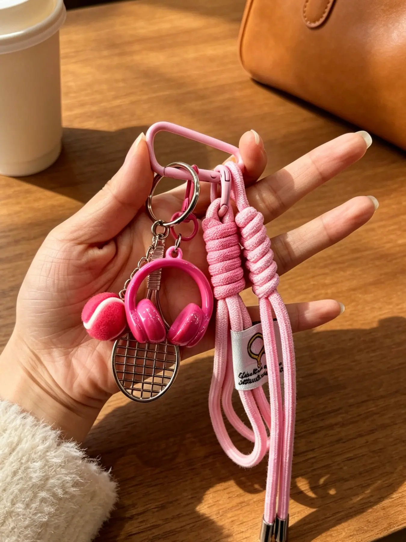 Tennis Preppy Keychain, Cute Braided Cord Backpack Charm with Mini Racket, Tennis Ball & Headphone Pendants. Soft lightweight sturdy accessory for teen girls, sweet sporty style, cool keychains, ideal small gift for sports lovers