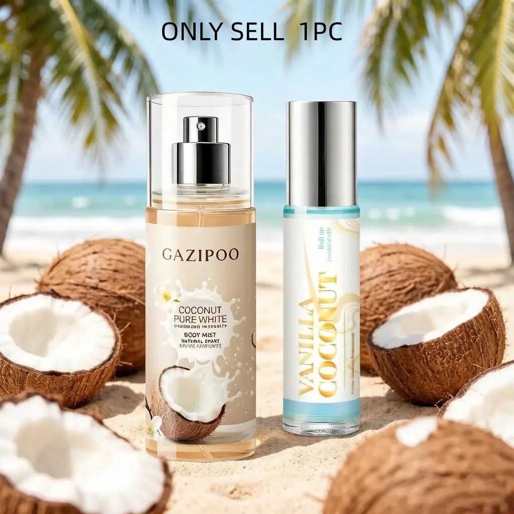 Coconut Milk Spray + Vanilla Coconut Roll-On Oil, Creamy Fruit Scent, Gentle Coconut Salt Scent, Woody Base Note, Perfume Liquid, Fruity Aromatic Fragrance, Fruity Sweet Fragrance