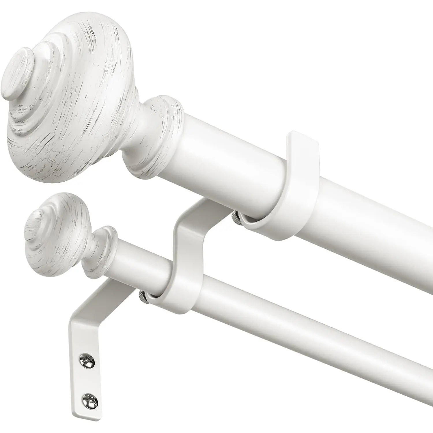 Double Curtain Rod, 36 to 153 Inch White Decorative Double Rods | 1 Inch Adjustable Heavy Duty Extra Long Spliced Dual Curtain Rods for Windows, Vintage Boho Finials, Easy Installation