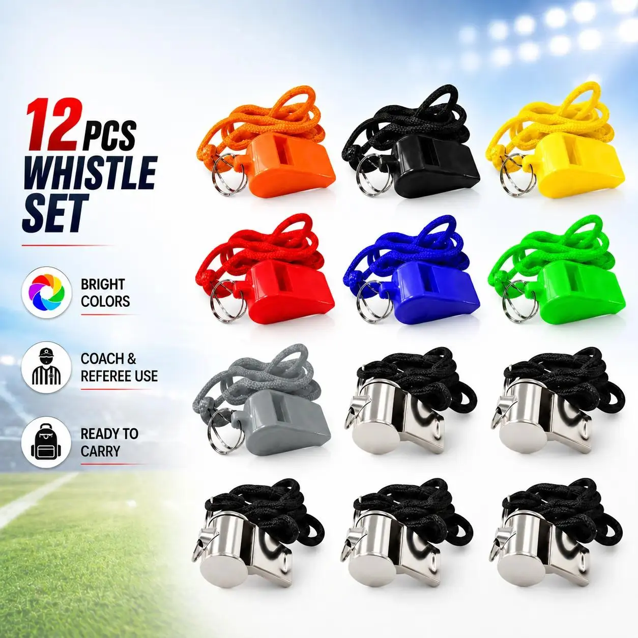 12 Pack Sports Whistles With Black Lanyards, Loud Clear Sound Training Tool For Coaches, Referees, Gym Teachers And Outdoor Emergency Use