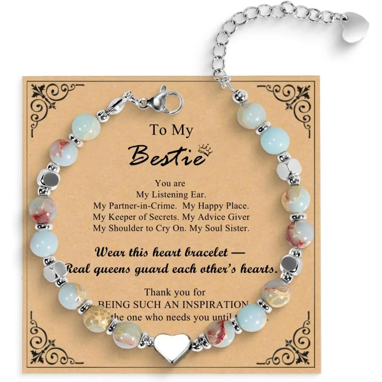 for Women  Stone Beads Friendship Bracelet with Heart , Soul Sister , Adjustable Stainless Steel BFF