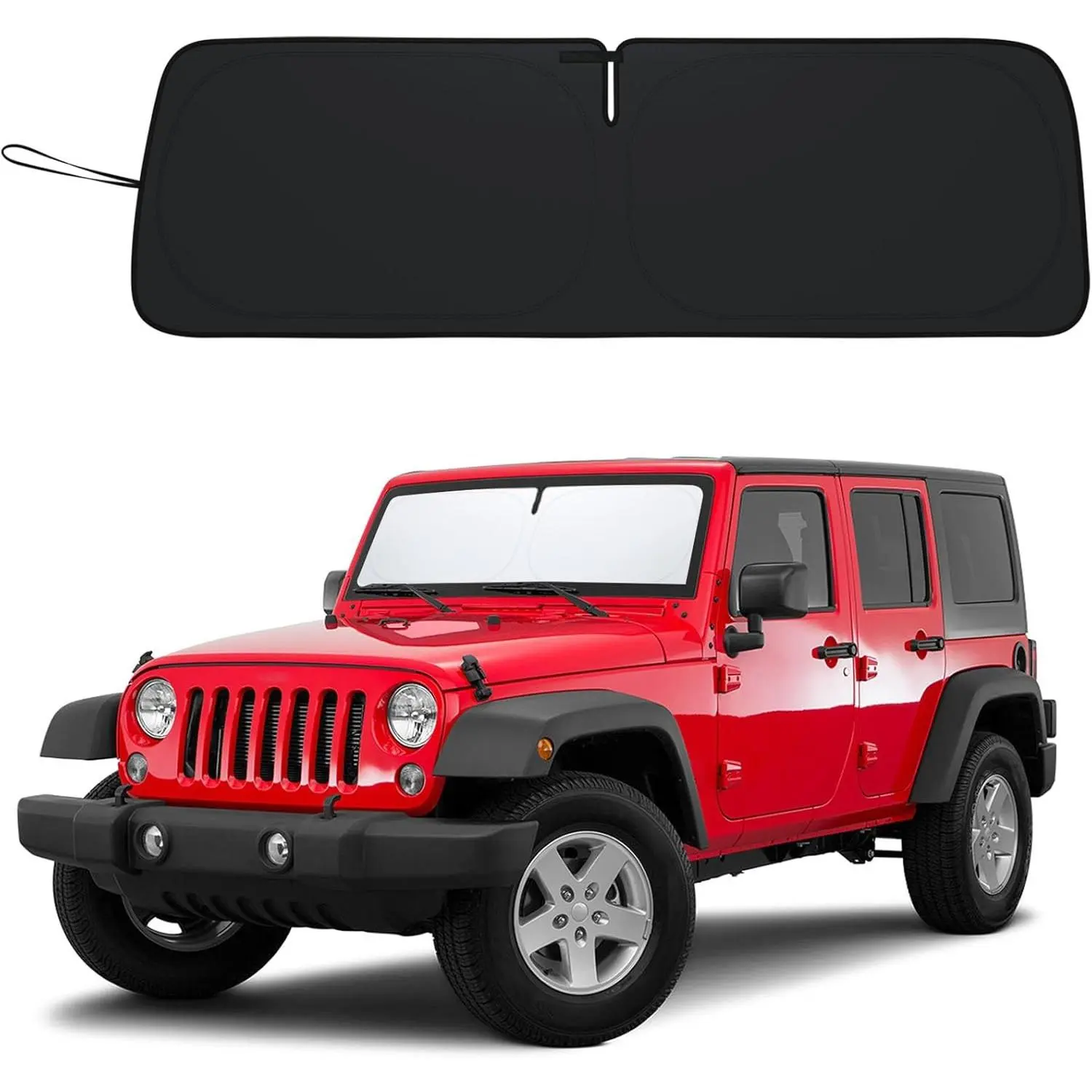 Custom Fit Polyester Windshield Cover for Jeep Wrangler JK Series 2007-2018, Twist-Fold Heat Block Sun Shade with UV Protection, Car Window Visor Accessory for 2/4 Door Models
