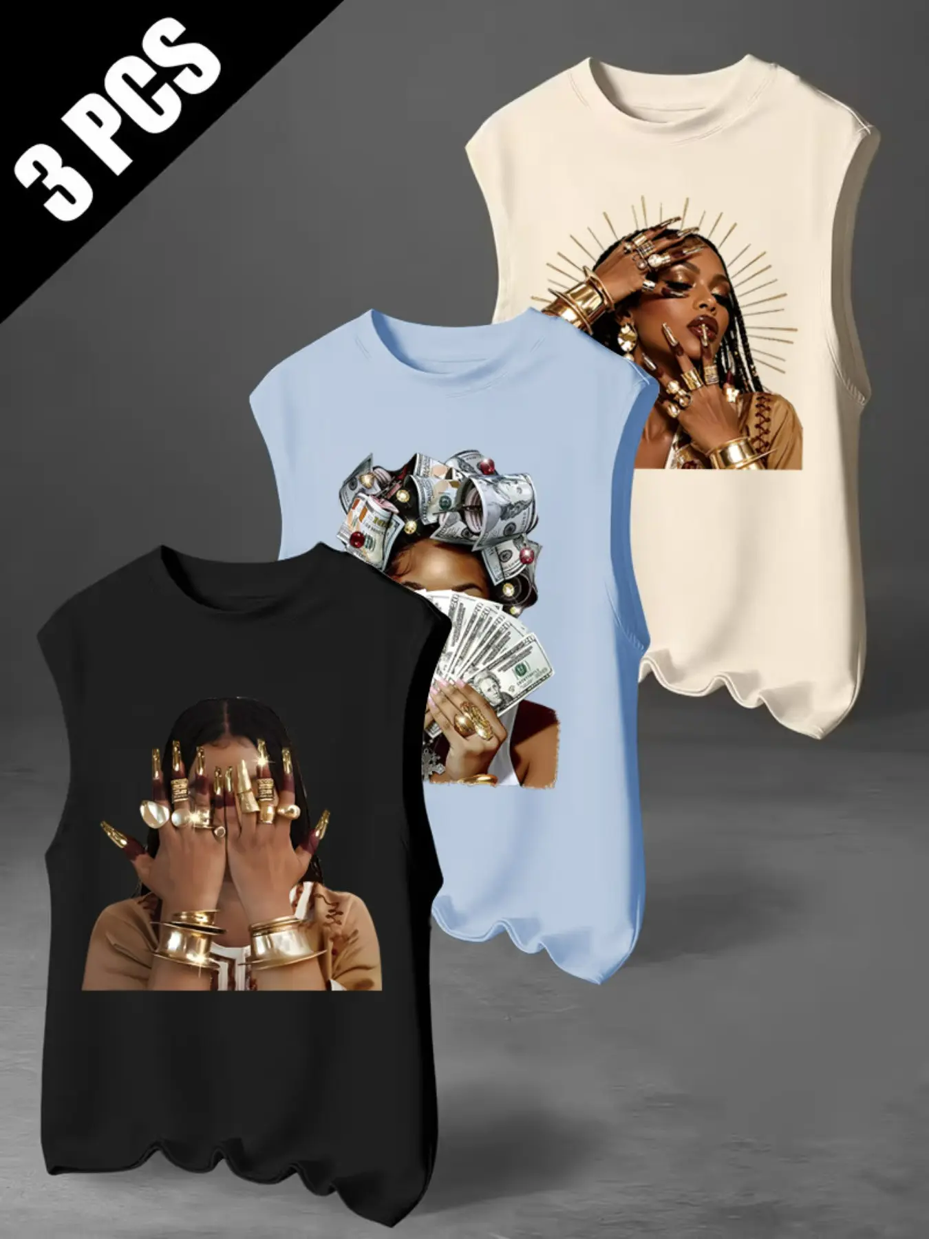 Men's Three-Piece Casual Sleeveless Tank Top Set, Graphic Print, Summer Vacation Party Wear, Comfortable Inner or Outer Shirt