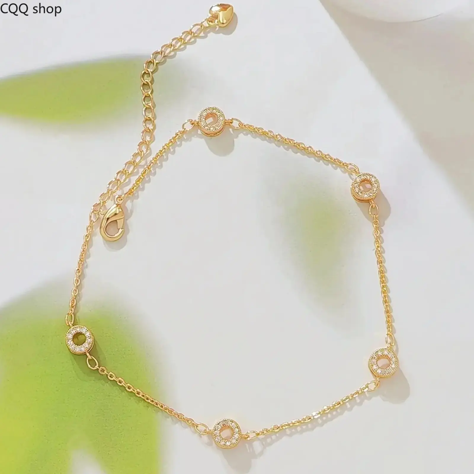 Women Elegant 14K Gold Plated Cubic Zirconia Circle Ankle Bracelet, Dainty Station Chain Adjustable Anklet, Wedding Daily Wear Foot Jewelry Gift for Her