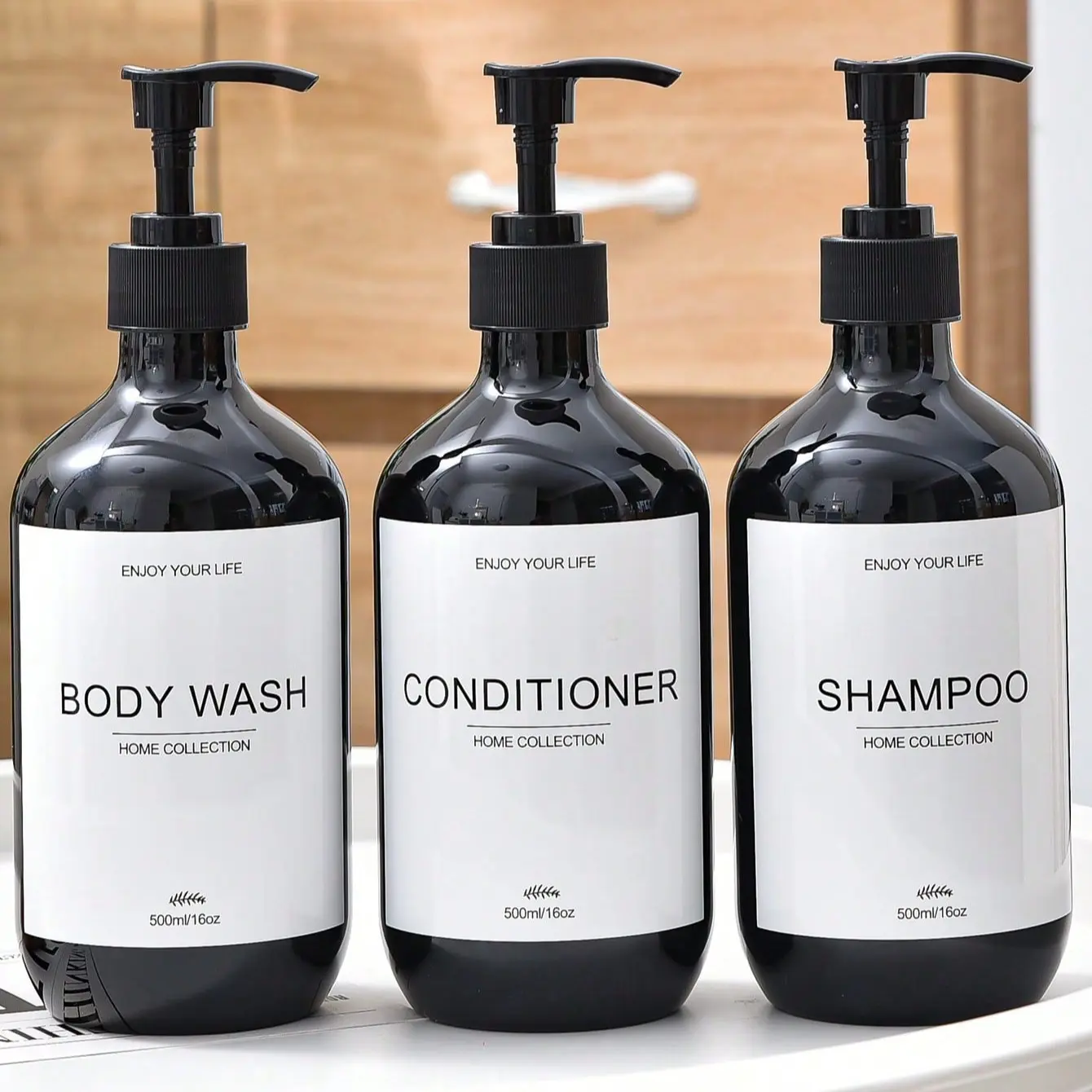 A set of 3, 16.9 oz/500 ml black refillable shampoo and conditioner dispensing bottles, with press pump and waterproof label, plastic shower bottles, suitable for home, hotel and bathroom, home bathroom decoration, autumn decoration, Back to school season