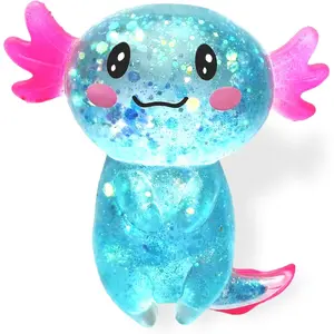 Axolotl Squishy Stress Relief Toy – Glitter Fidget Toy Cute Salamander Squeeze Toy for Kids & Adults, Sensory Anxiety Relief Squishy Toy, Party Favor Desk Fidget (Blue)