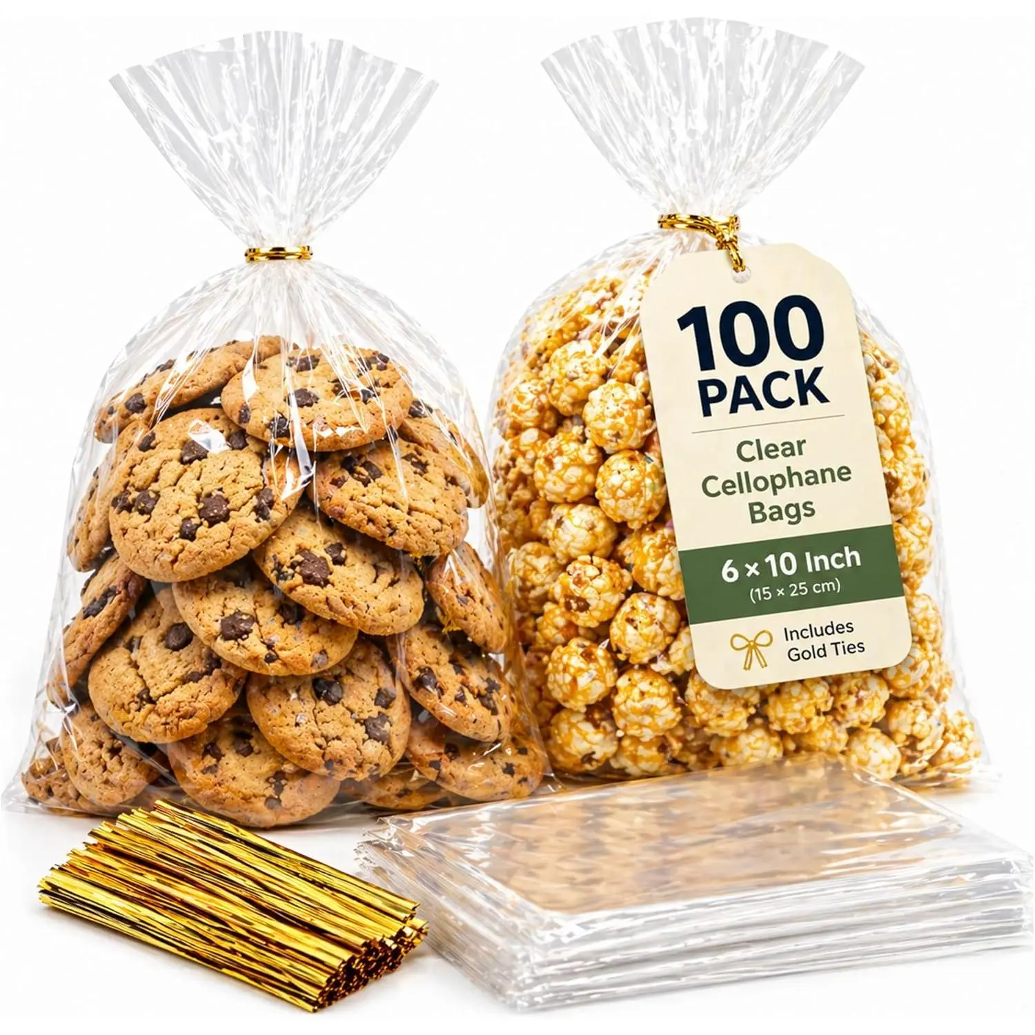 Cellophane Bags, 100 Pack 6 x 10 Inch  with 100  Twist Ties | Flat Goodie Bags No Gusset for Cookies, Candy, Popcorn, Party Favors and Small Gifts