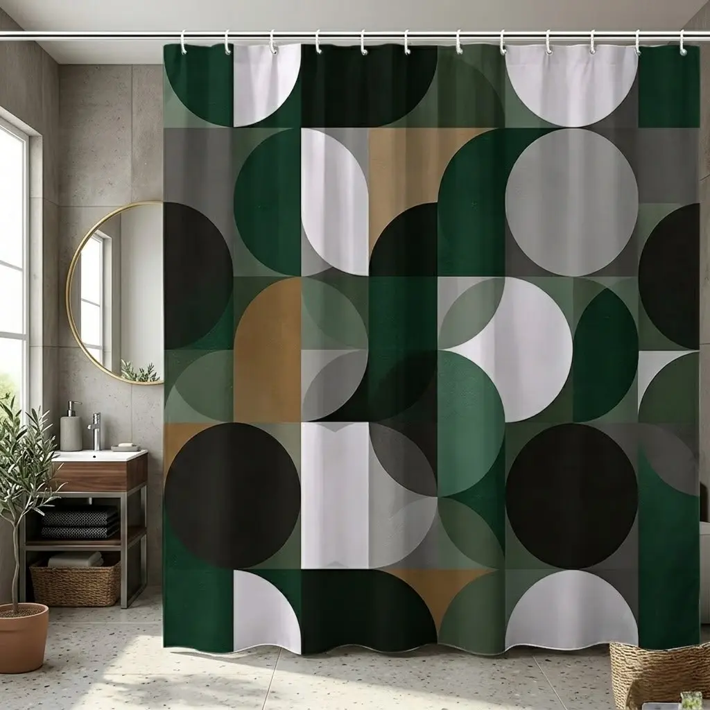 1pcs Autumn Modern Geometric Aesthetic Decorative Shower Curtain, Abstract Print Circle in Dark, Earthy, Minimalist Bathroom Decor