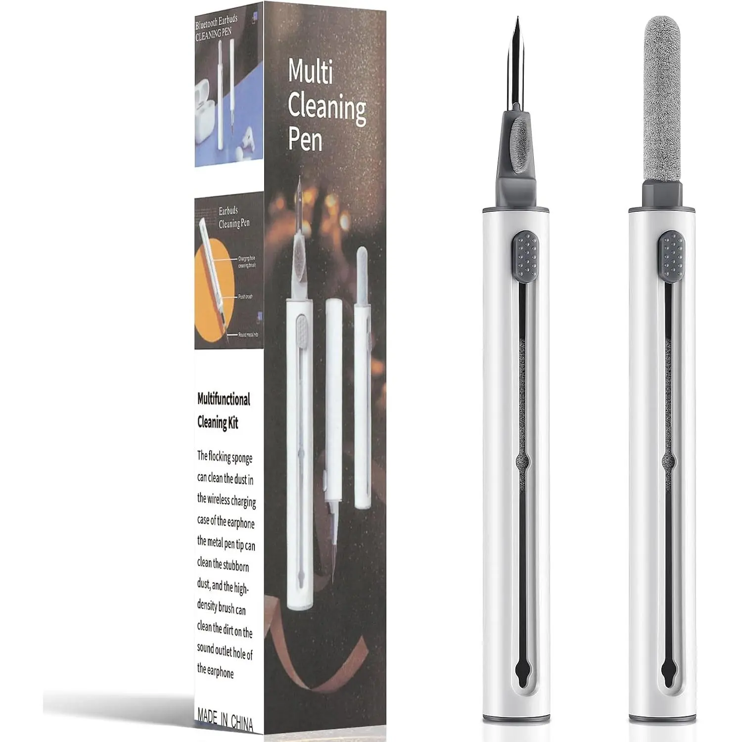 Cleaner Kit for AirPods, 3-in-1 Multifunctional  Earbuds Cleaning Pen for AirPods Pro with Sponge, Brush, Metal Tip