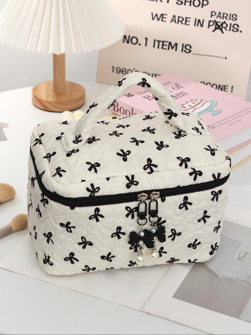 Bow Pattern Makeup Bag Set, Multi-functional Makeup Storage Handbag, Portable Zipper Makeup Bag, Travel Toiletry Bag, Cosmetic Pouch, Makeup Container Set