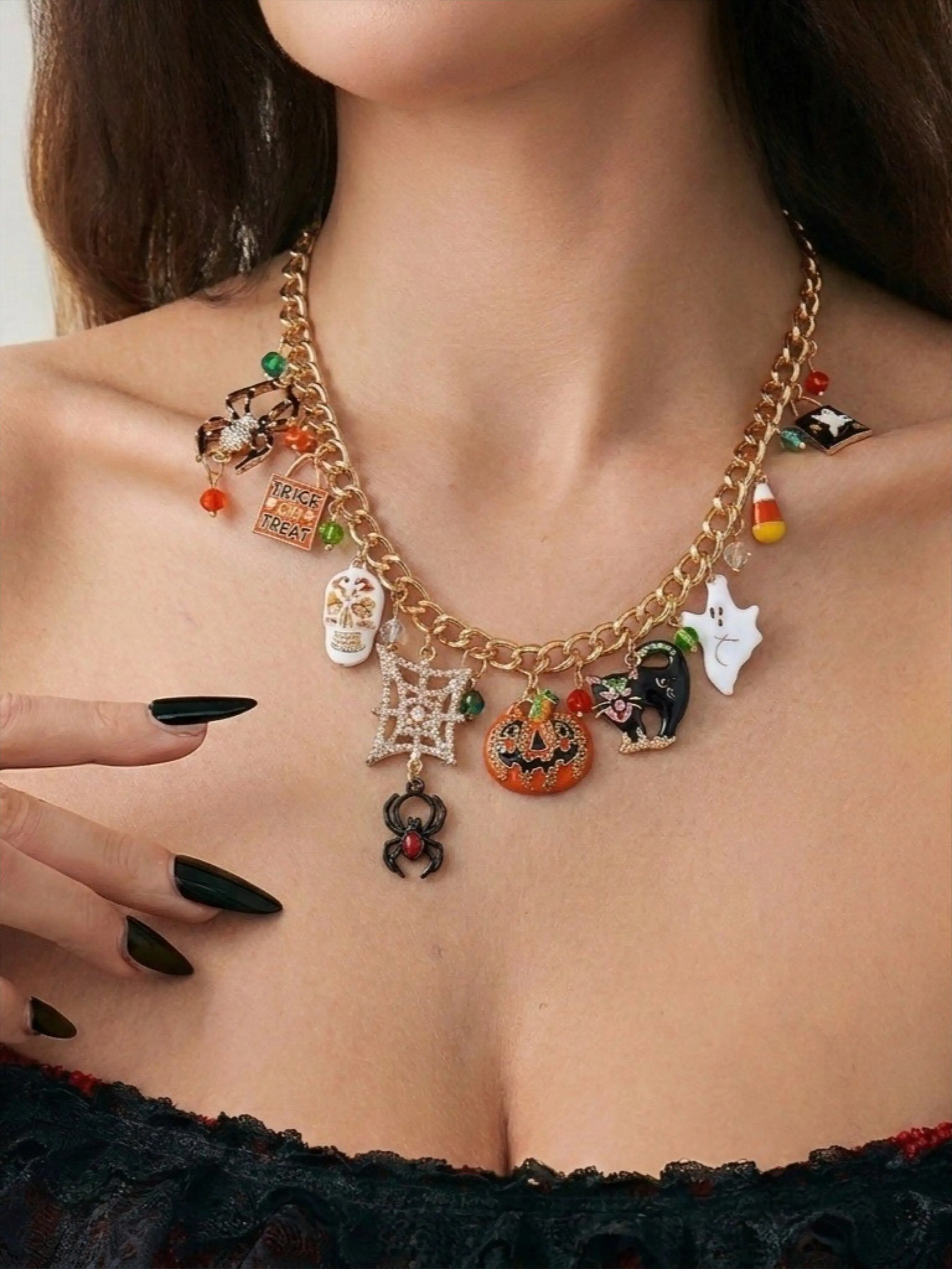1pc pumpkin ghost spider retro Halloween collarbone chain, funny personality multi-pendant necklace, suitable for Halloween parties, role-playing, daily wear, girl jewelry gifts