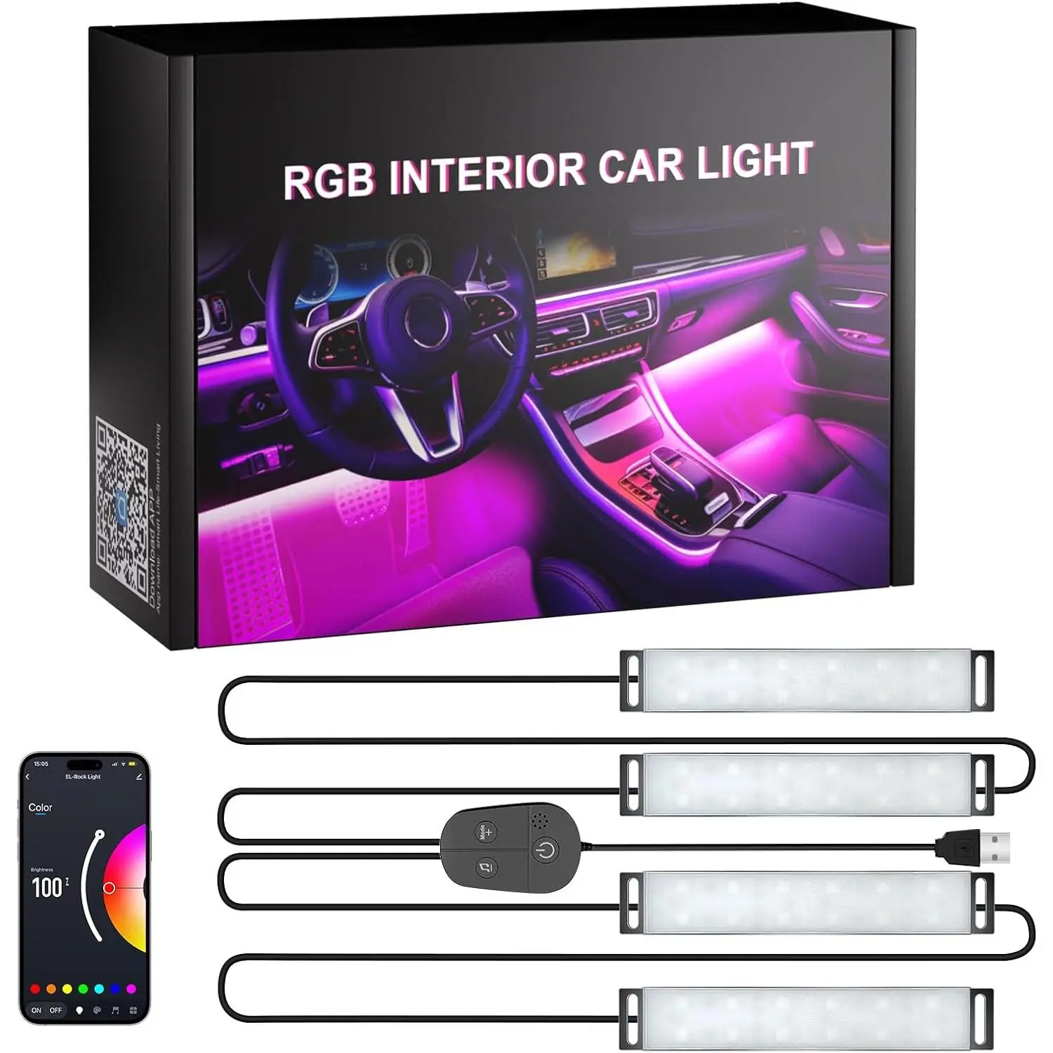 Car 2-Line LED Interior Footwell Lights, DC 5V Power Color Changing Decorative Accessories with App & Control Box, USB-Powered Automotive Cool Lighting