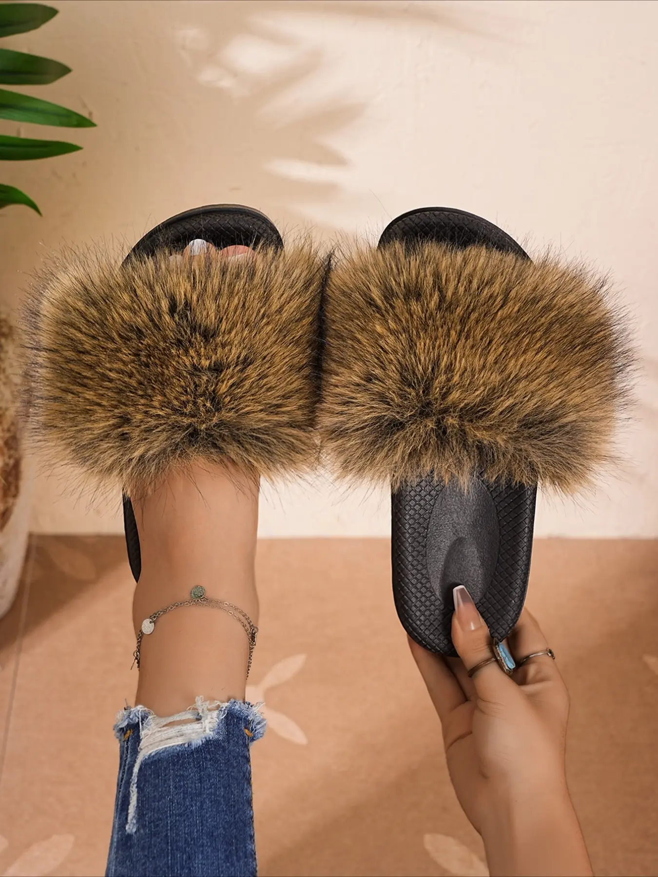 Fluffy fur slide sandals Women with soft flat sole multiple fur colors trendy for home and outdoor summer wear