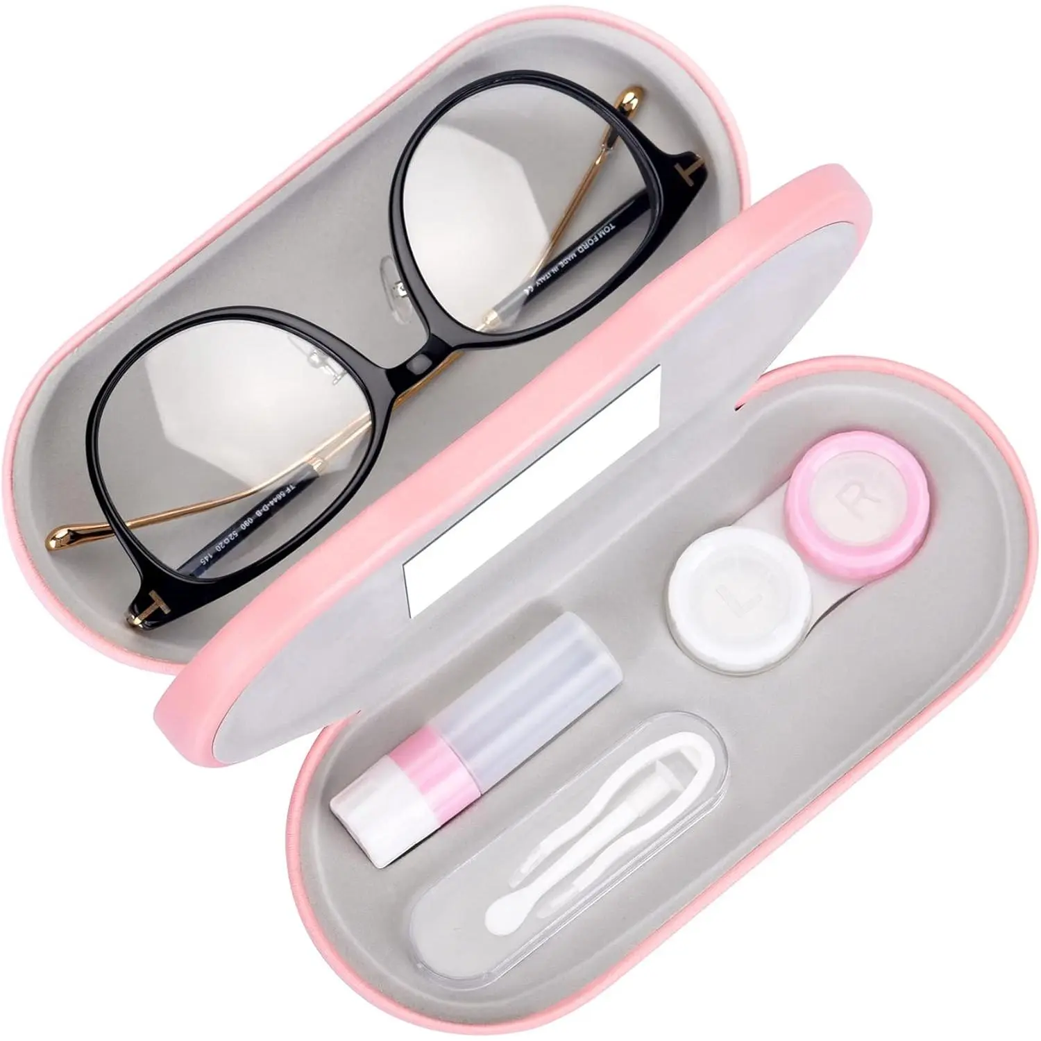 Dual Sided Contact Lens and Glasses Case, Compact Leak Proof Travel Kit with Mirror, Tweezers & Contact Lens Solution Bottle - Pink, Tweezers + Bottle, Included Tools