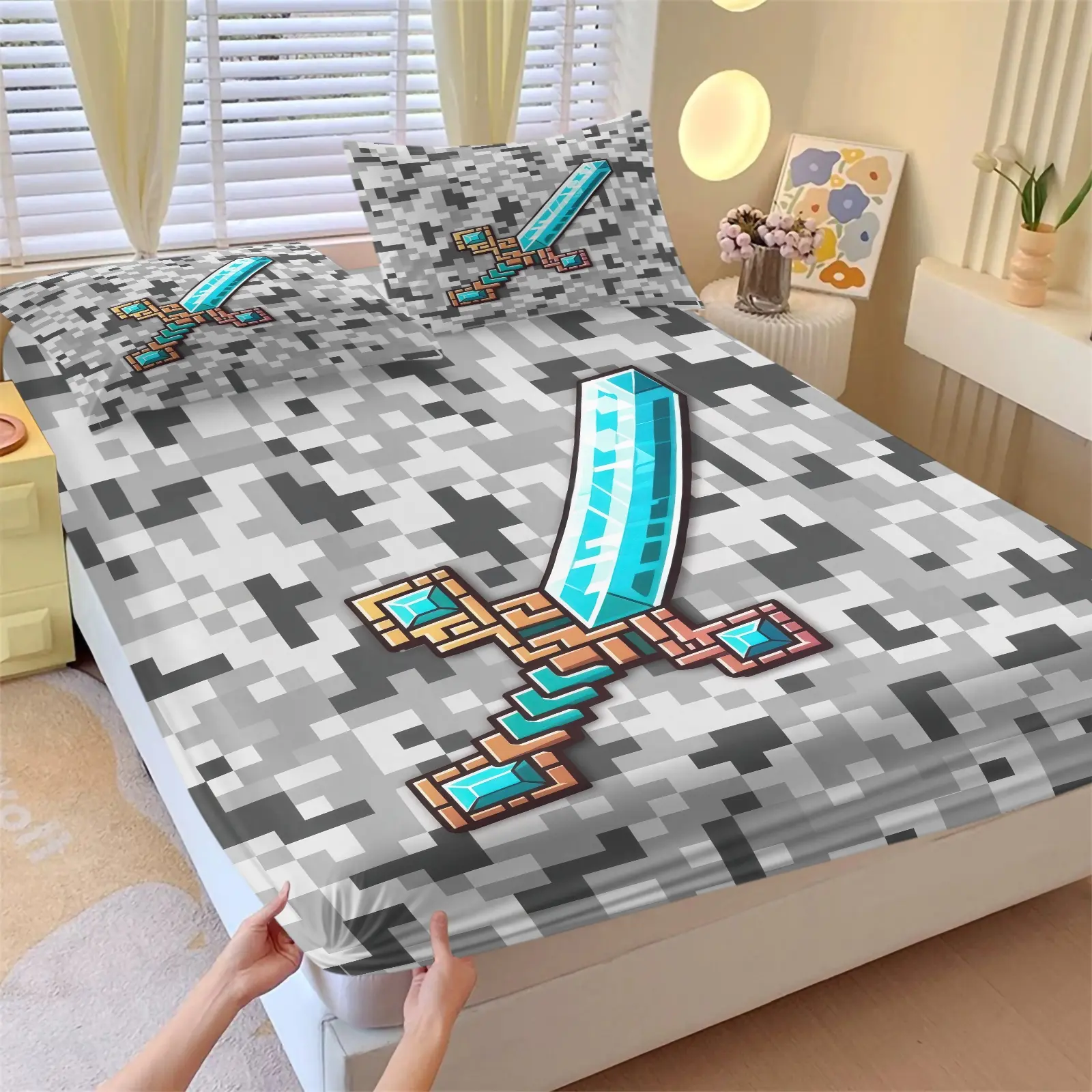 Pixel Diamond Sword Print Fitted Sheet Set, 1 Fitted Sheet & 2 Pillowcases, Grey Block Video Game Character Print Bedding Set, Soft Skin‑Friendly Fabric All Size, Deep Pocket Soft Bedding Set For All‑Season Bedroom Decor